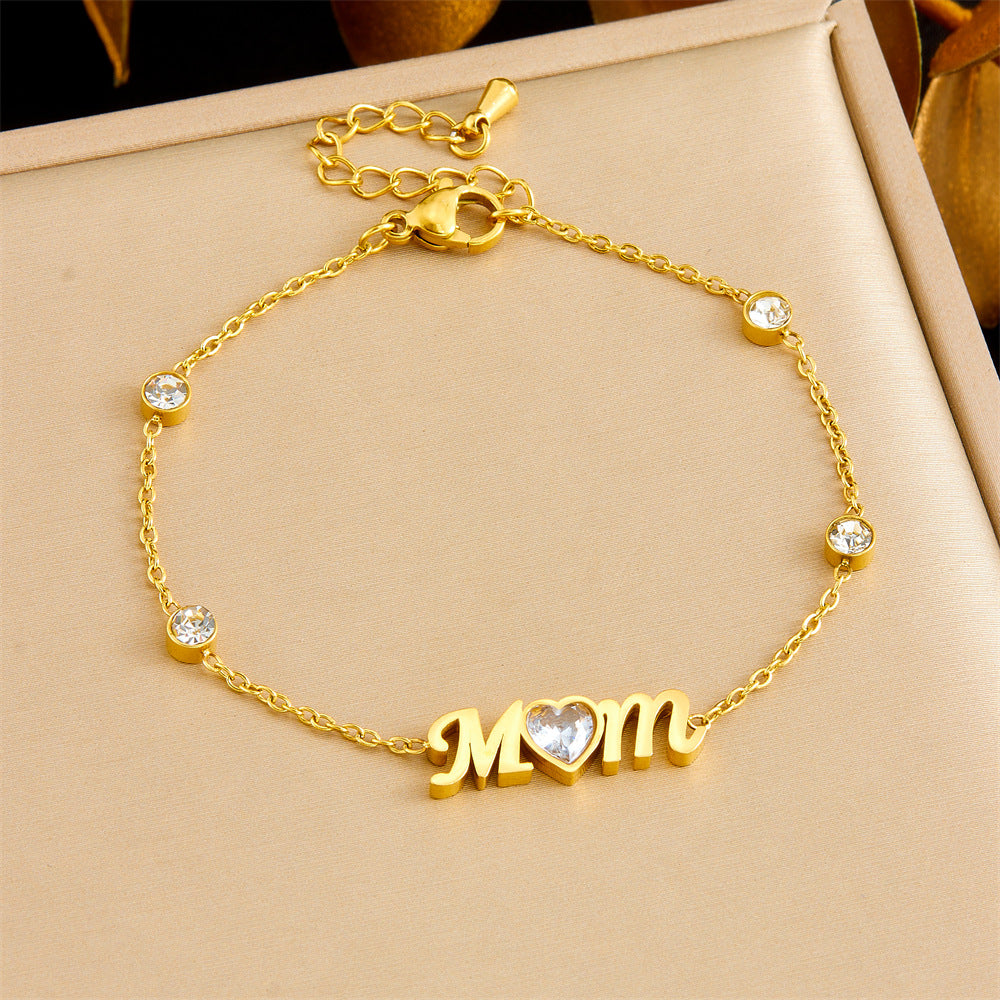 Korean Fashion Simple Gold-Plated Diamond Heart Mom Accessories Chain Stainless Steel Ladies Daily Wear Bracelet