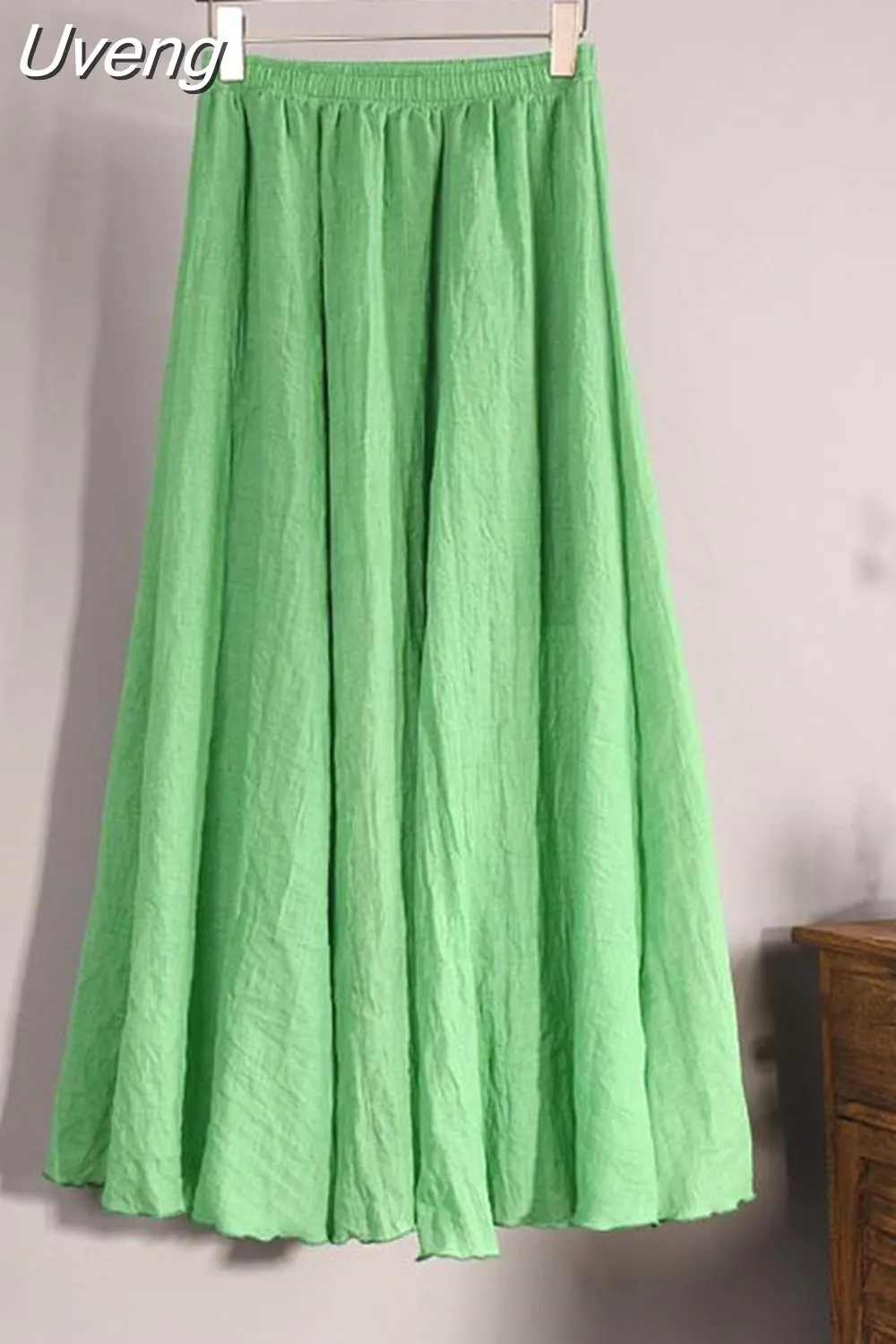 Uveng Women's Elegant 16 Color High Waist Elastic Waist Linen Pleated Long Skirts Ladies Slim Casual Skirt Saias New 2023 Summer SK05