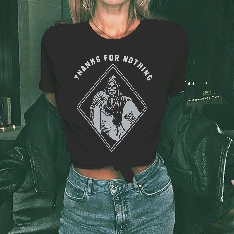 Thanks For Nothing Letters Skull Printing Women's T-shirt -  