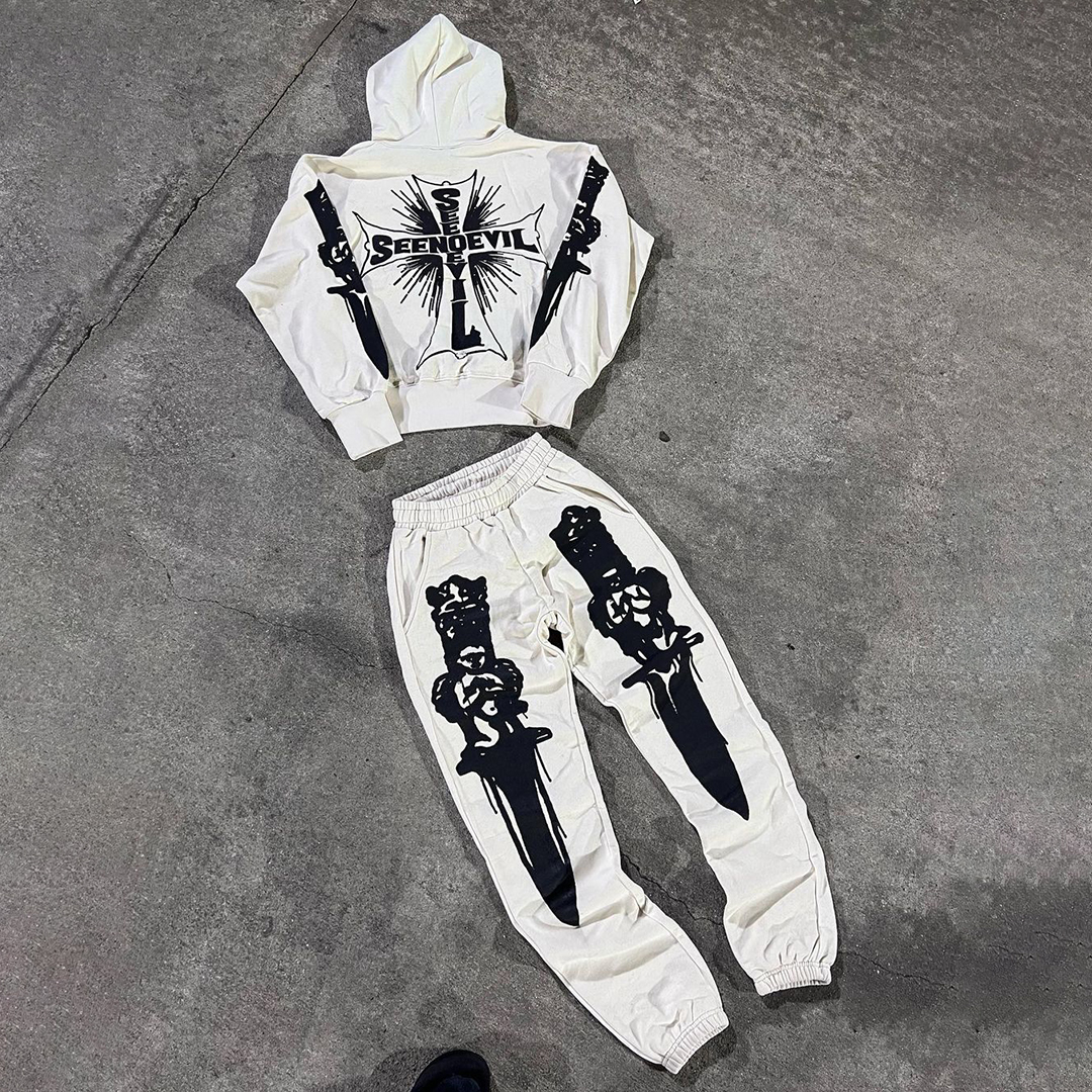 See No Evil Cross Print Fleece Hoodie And Sweatpants Co-Ord