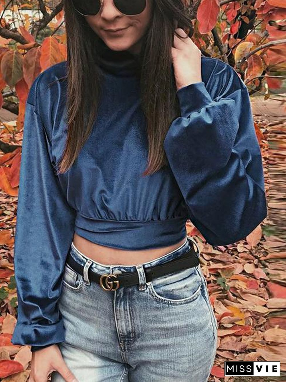 High Neck Midriff Baring Velvet Long Sleeve Top