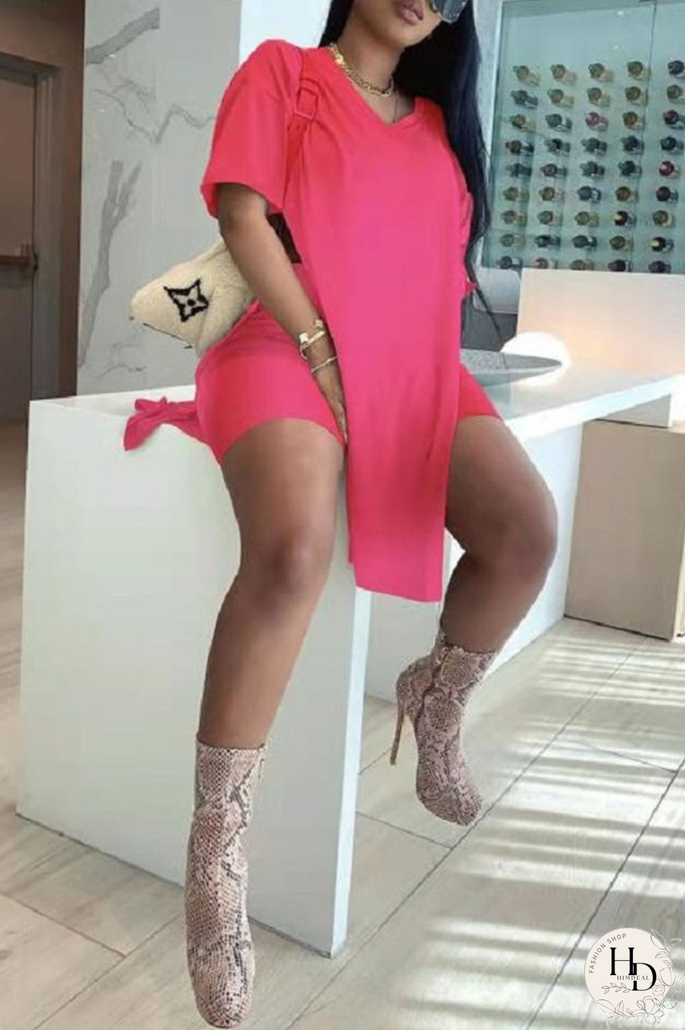 Rose Red Sweet Solid Slit V Neck Plus Size Two Pieces