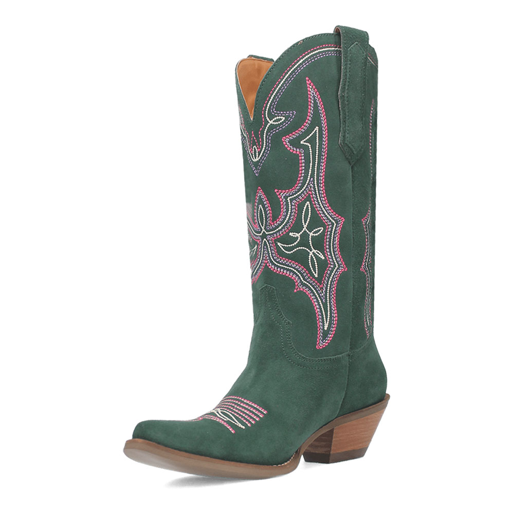 Stylish Green Vegan Suede Snip Toe Embroidered Mid-Calf Cowgirl Boots