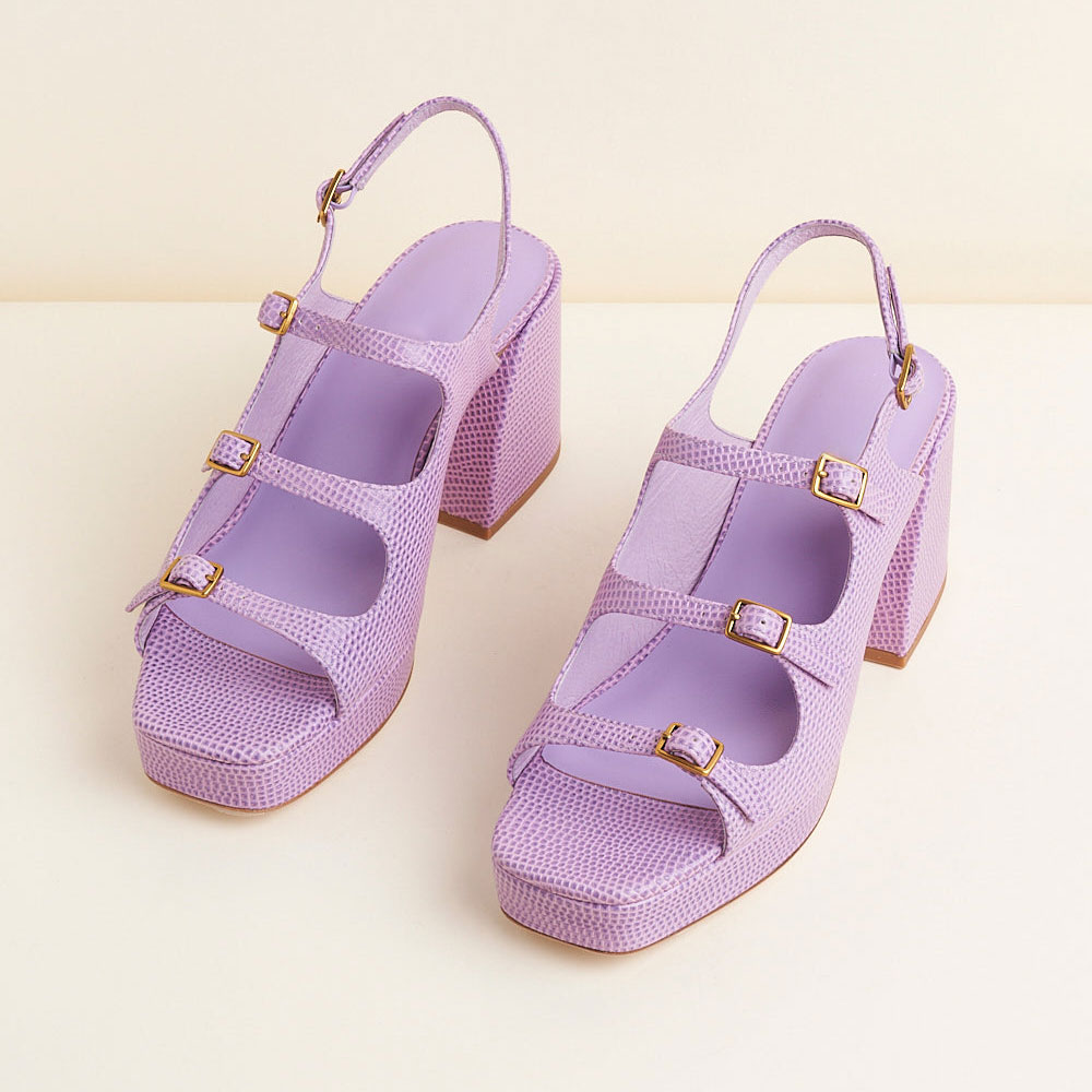 Purple Square Toe Block Heel Triple Straps Platform Sandals for Women Nicepairs