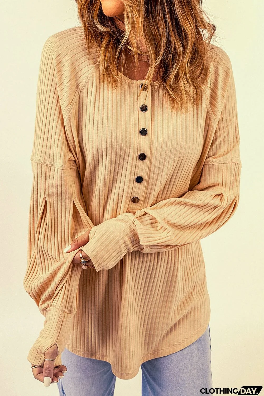 Ribbed Textured Thumbhole Puff Sleeve Pullover