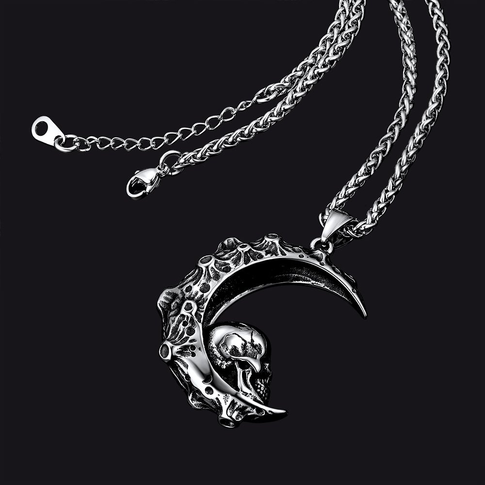 Men's Gothic Crescent Moon Skull Necklace Stainless Steel