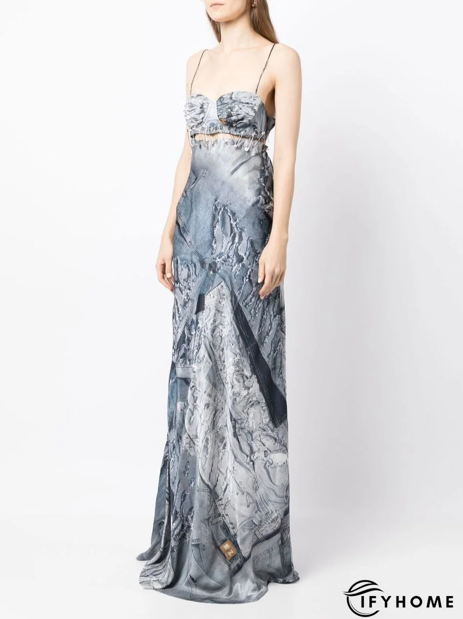Sexy Ladies Denim Print Pin Embellished Backless Slip Maxi Dress | IFYHOME
