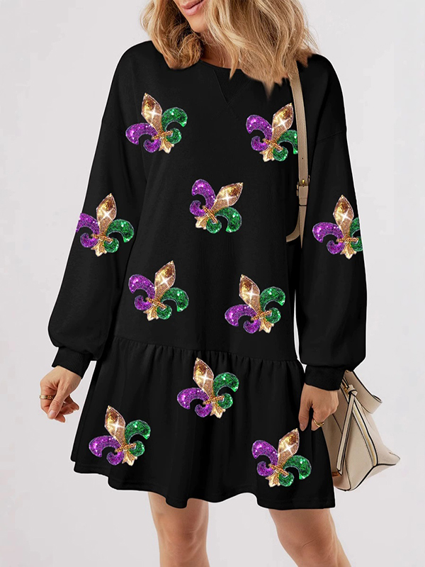 Round Neck Long Sleeve Sequined Midi Dress