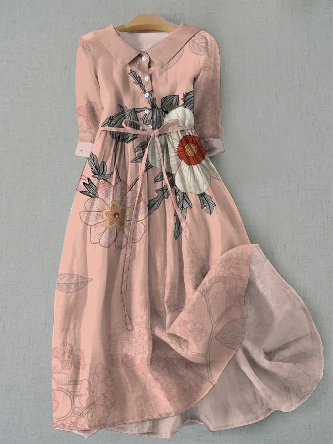 Women's Vintage Botanical Floral Design Lace Up Pocket Dress
