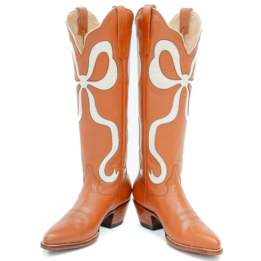 Orange & White Bow Inlay Cowgirl Boots with Chunky Heels