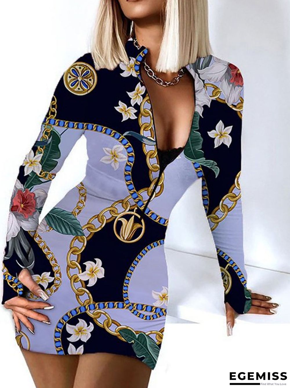 Dress Long Sleeved V-neck Zip Wrap Hip Plaid Stripe Tight Skirt | EGEMISS