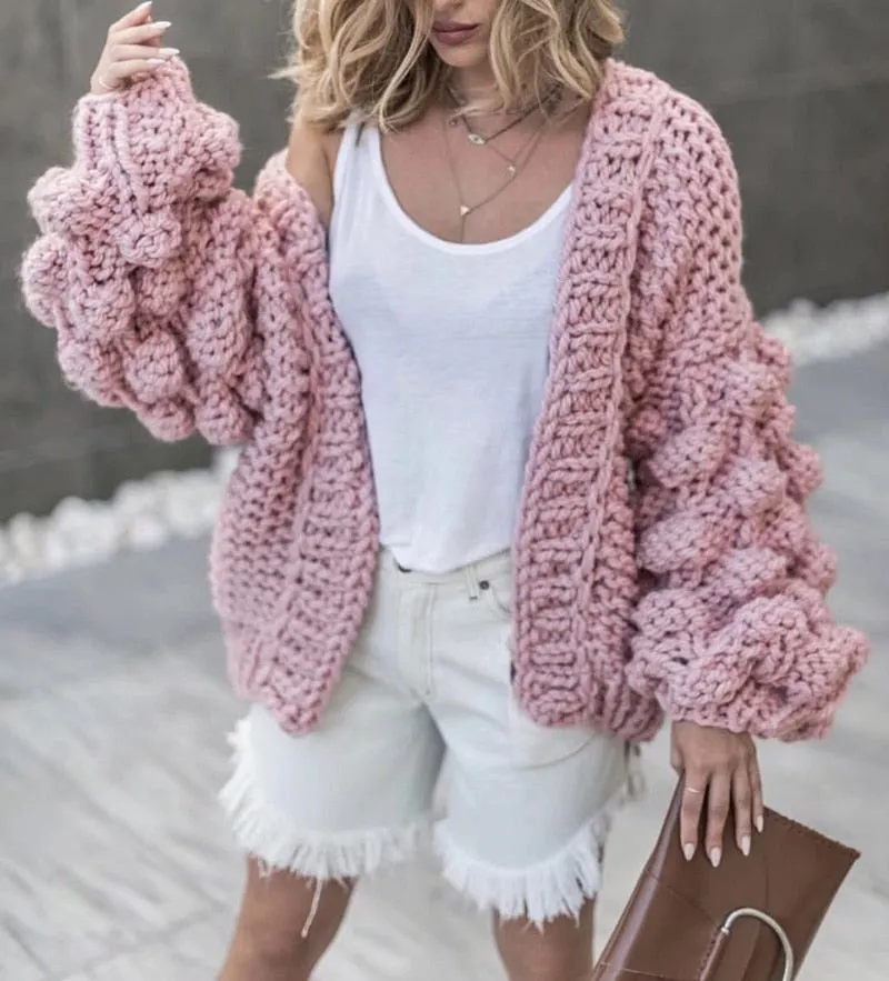 Fitshinling Bohemian Puff Sleeve Cardigan Sweater Women Knitwear Winter Coat 9 Colors Solid Slim Fashion Cardigans For Women