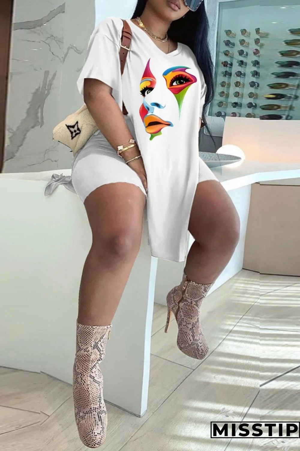 Black White Casual Print Patchwork V Neck Plus Size Two Pieces