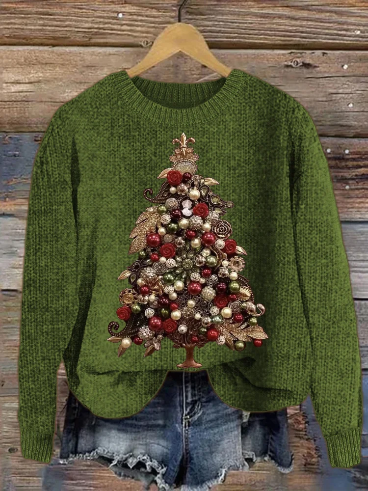 Comstylish Elegant Christmas Tree Jewel Art Cozy Knit Sweater