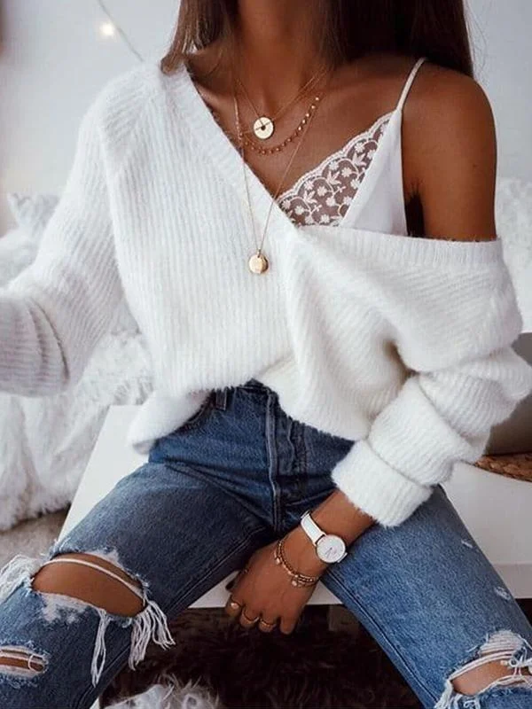 Wool V-Neck Solid Oversized Sweaters(Ship In 24 Hours)