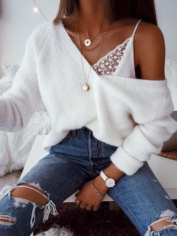  Wool V-Neck Solid Oversized Sweaters(Ship In 24 Hours)