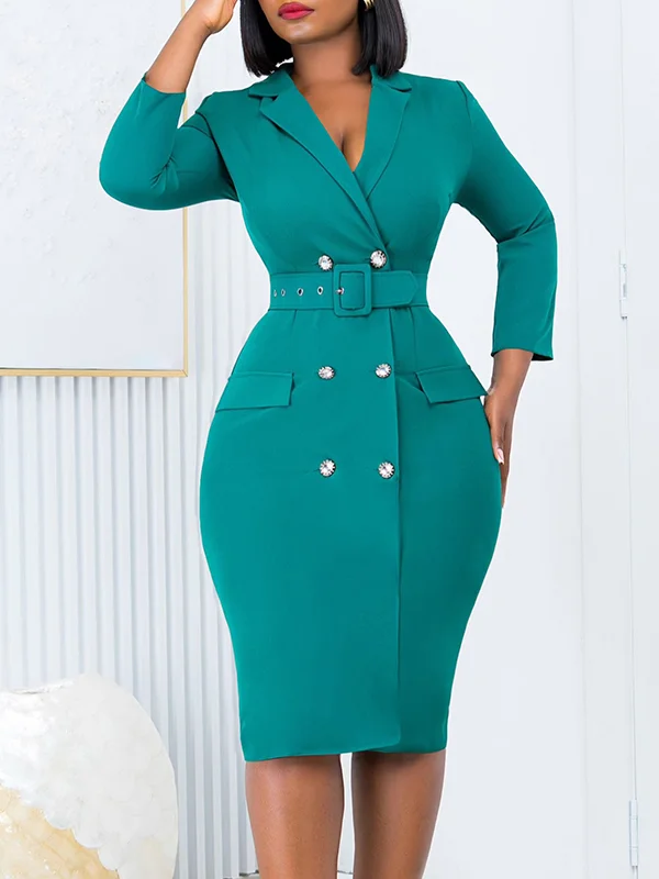 Belted Buttoned Long Sleeves Plus Size Notched Collar Midi Dresses