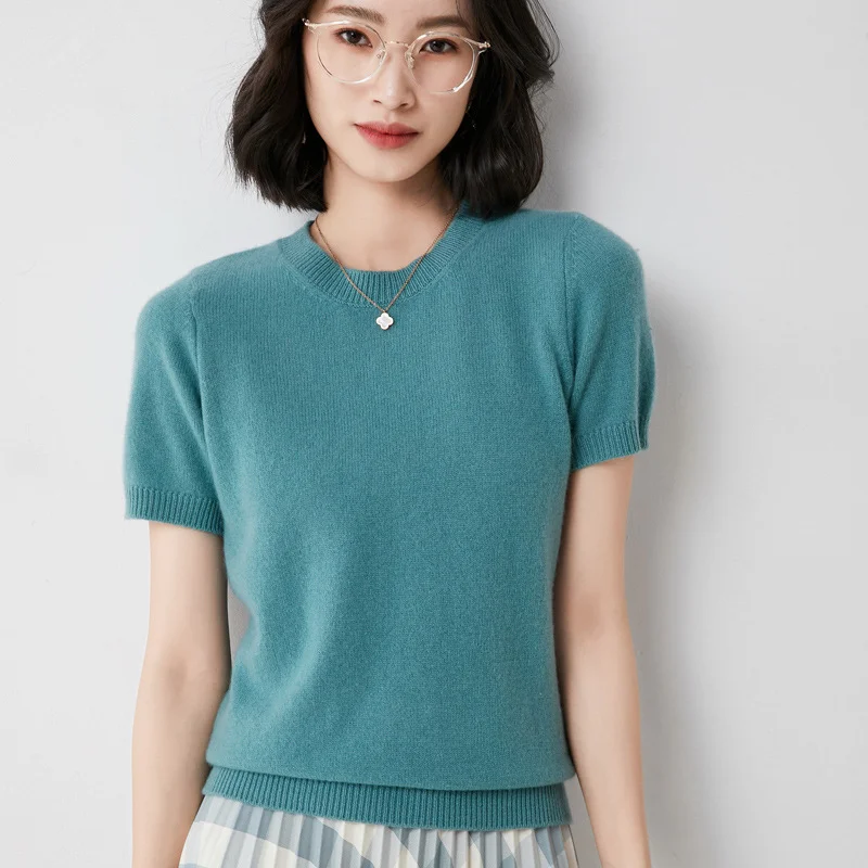 Churchf Churchf Female Round Collar Loose T-Shirt Inside Build Sweater Spring Autumn Base Outside Wear Short Sleeve Hair