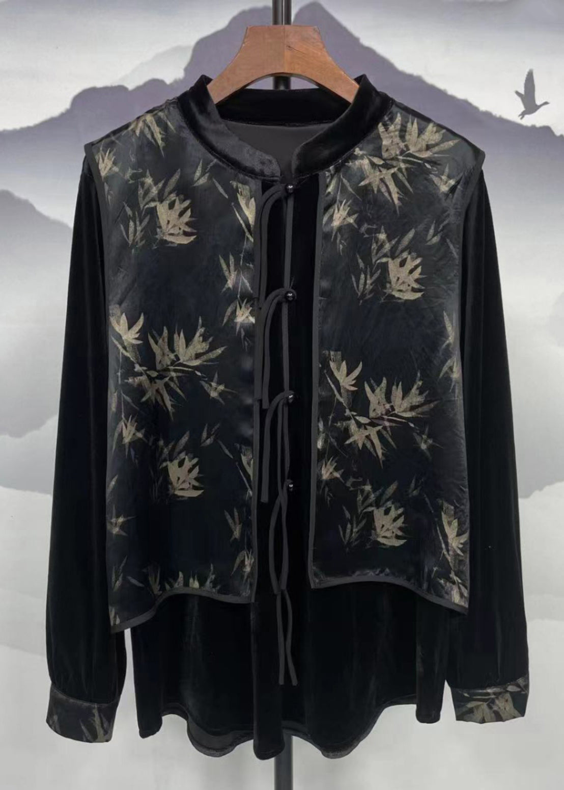 VCSHOES Loose Black Print Button Patchwork Velour Shirt Top Long Sleeve
