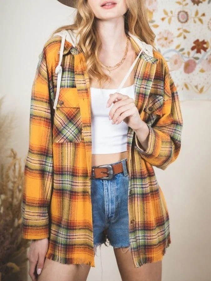 Women's Hooded Long Sleeve Plaid Fleece Coat