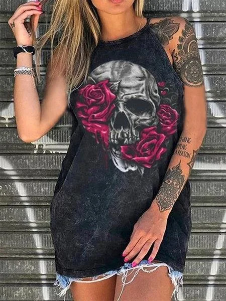 Skull Print Sleeveless Cotton Top-Mayoulove