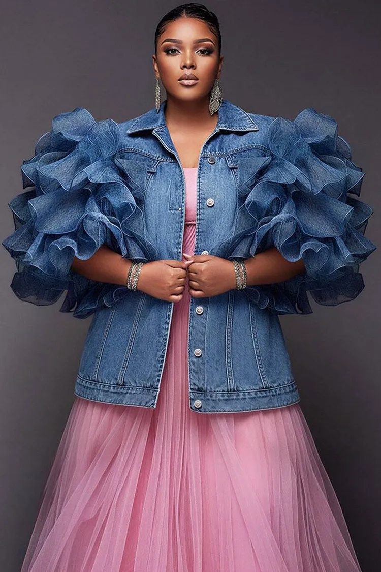Xpluswear Design Plus Size Party Tulle Blue Shirt Collar Short Sleeve Ruffle Contrast Denim Jacket [Pre-Order] 2024 - Xpluswear
