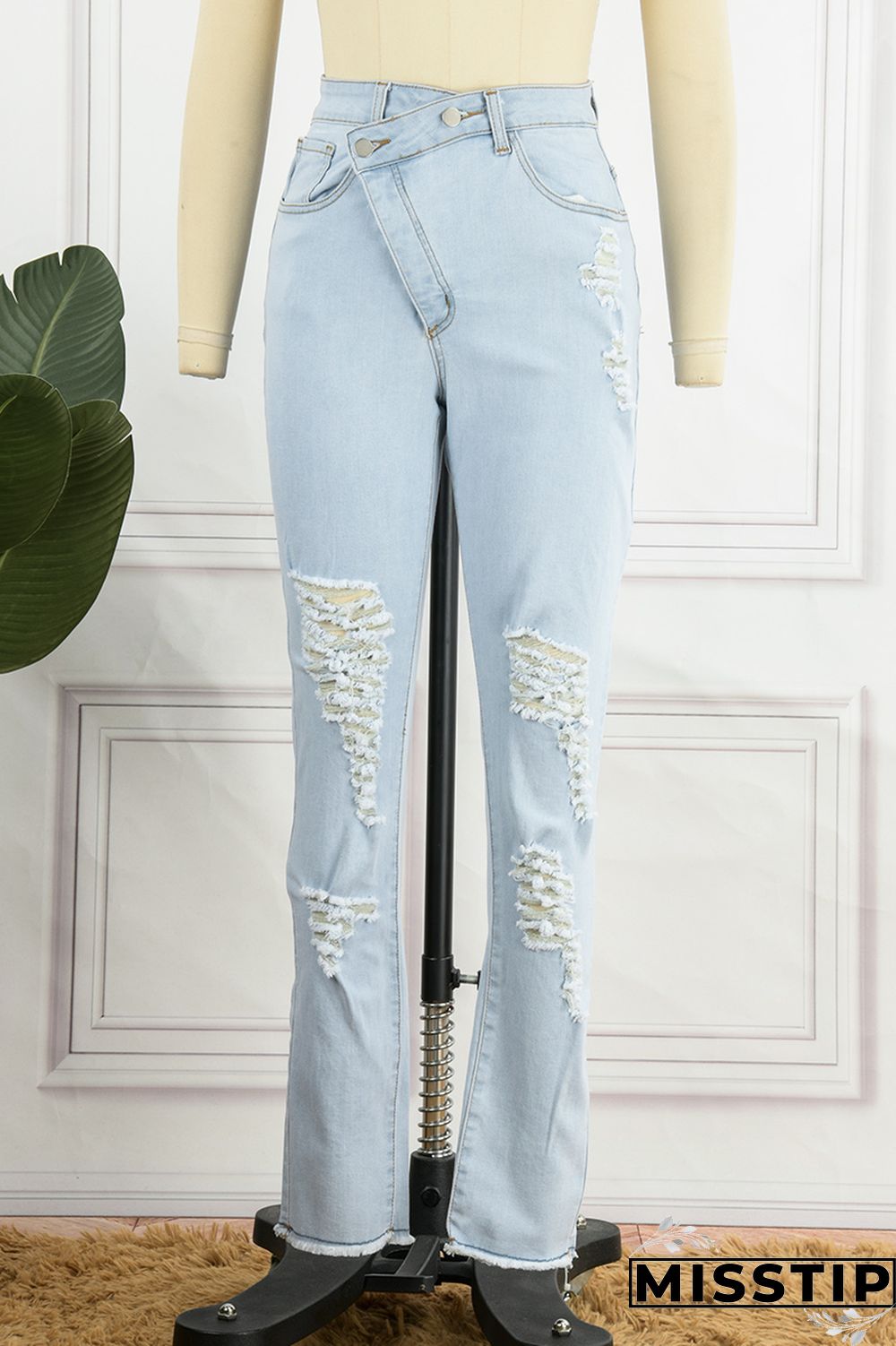 Blue Casual Solid Ripped Patchwork High Waist Regular Denim Jeans