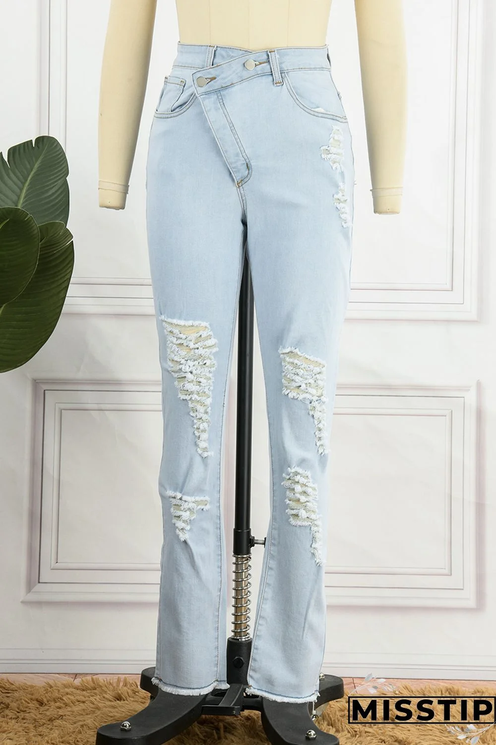 Blue Casual Solid Ripped Patchwork High Waist Regular Denim Jeans