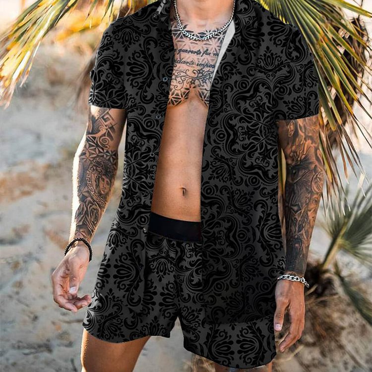 BrosWear Vintage Black Shirt and Shorts Two Piece Set