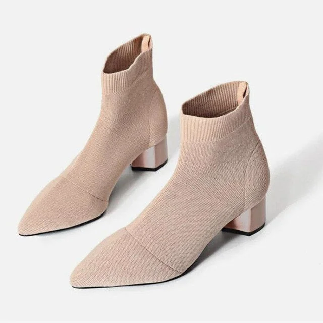 Women Knitting Elastic Ankle Boots Autumn Square Middle Heels Female Pointed Toe Short Sock Boot Ladies Casual Fashion Shoes