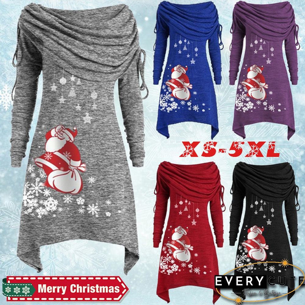 Womens Fashion Christmas Santa Claus Snowflake Print Ruched Foldover Collar Dress Cotton