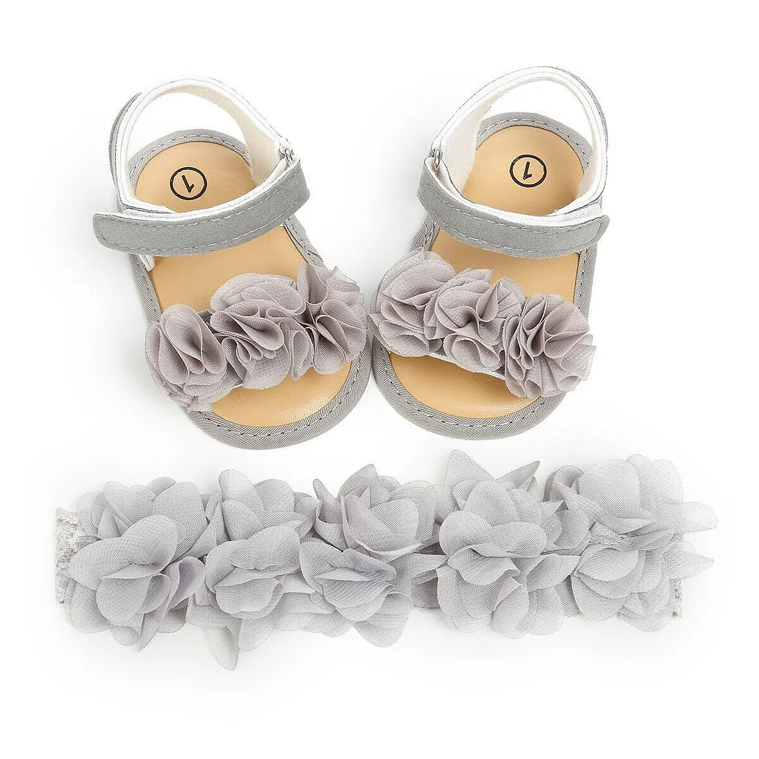 2019 Baby Summer Clothing Newborn Kid Baby Girl Flower Sandals Shoes Soft Sole Hook Casual Summer Shoes +Headband 2Pcs Solid Set