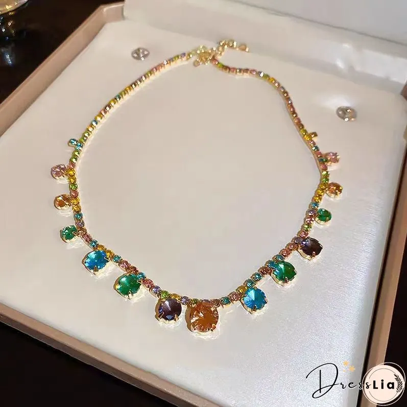 Style Rainbow Alloy Zircon Square Princess Necklace