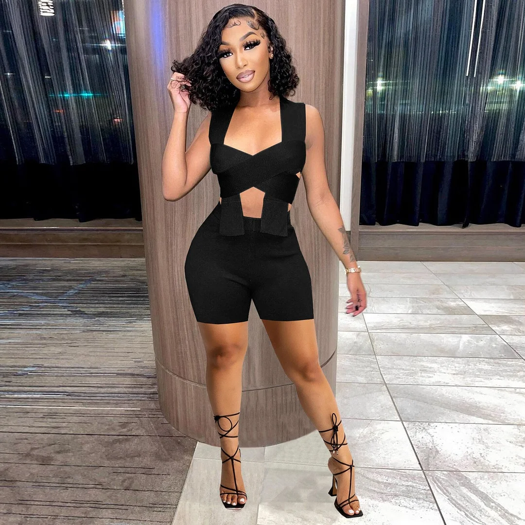 CM.YAYA Sexy Women's Tracksuit Halter Neck Twist Crop Tops and Straight wide leg Pants Suit Matching Two 2 Piece Set Outfits