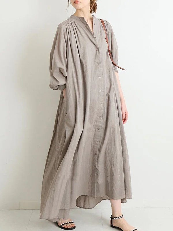 Urban Pure Color Puff Sleeve Buttoned Roomy Shirt Dress