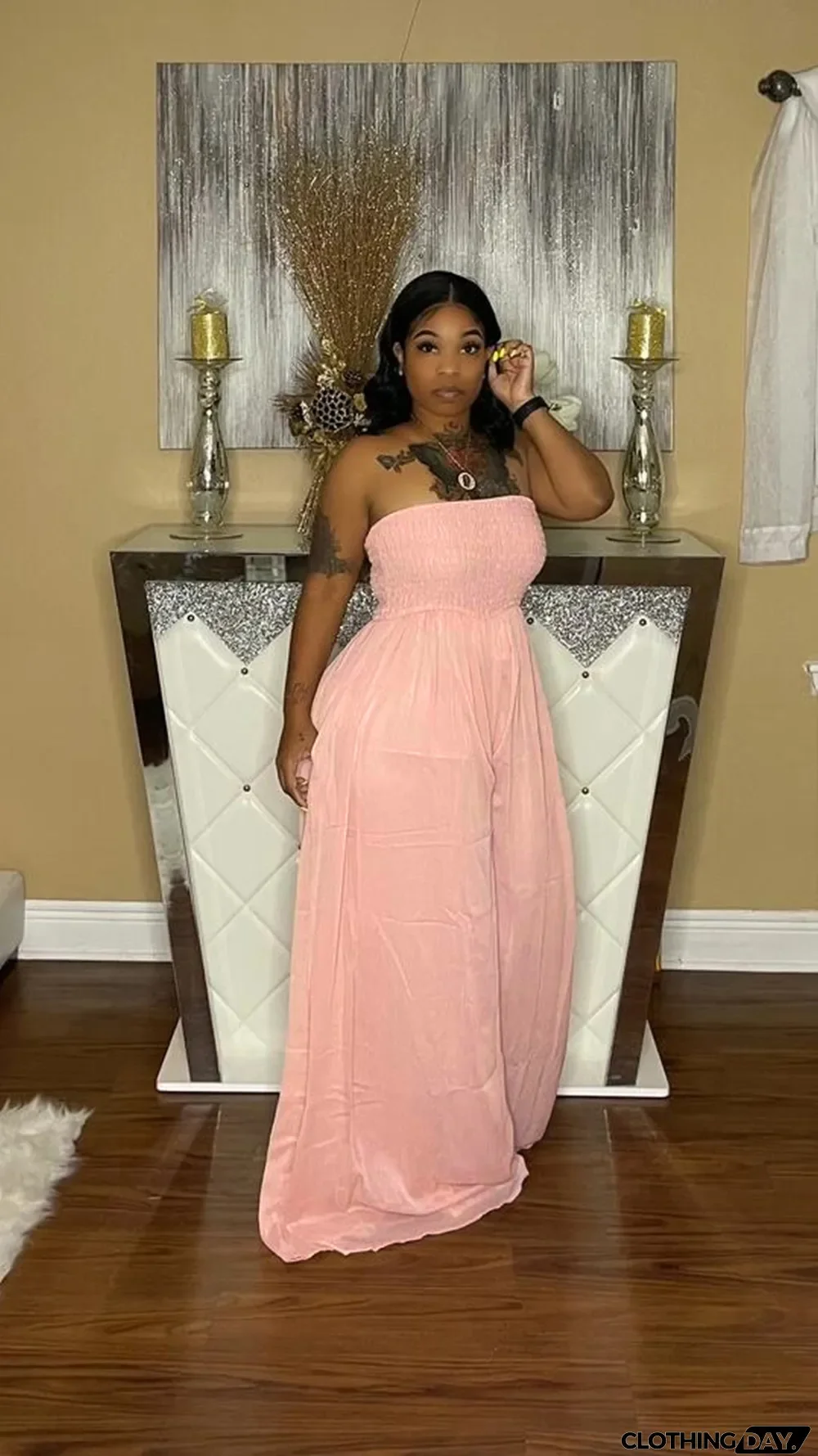 Plus Size Solid Off Shoulder Strapless Wide Leg Jumpsuit