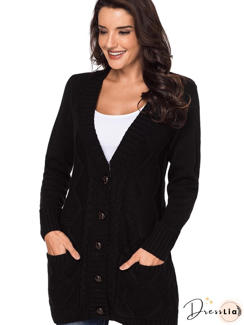 Cozy Black Knit Cardigan with Button-Up Front and Pockets