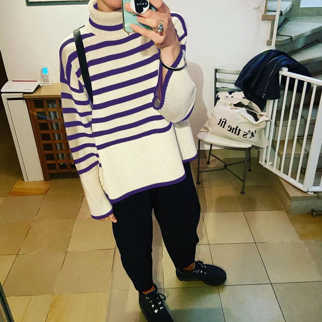 FSDA 2021 Autumn Winter Oversized Pullover Women Knitted Turtleneck Long Sleeve Striped Loose Sweater Casual Fashion Khaki