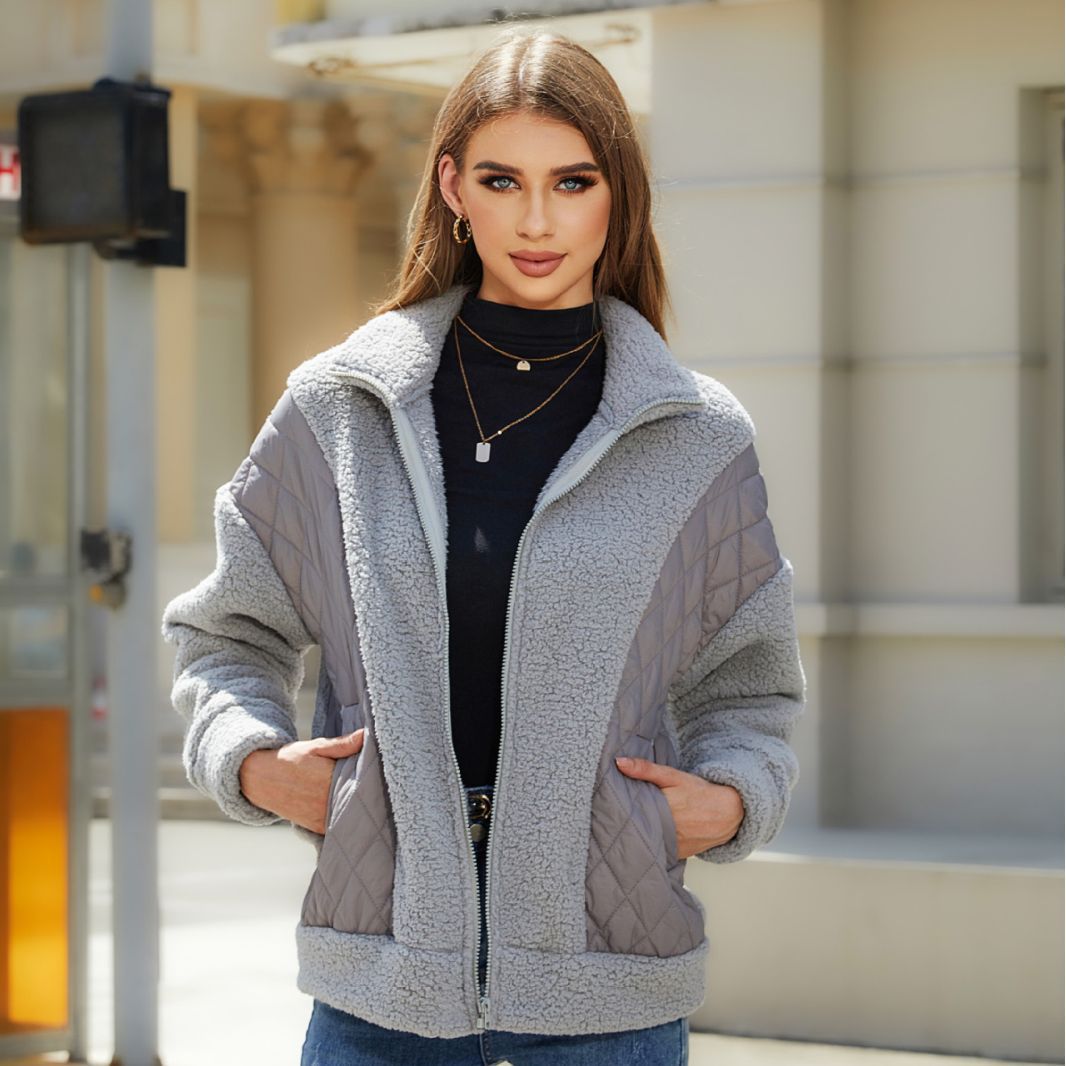 Velvet Fashion Long Sleeve Cardigan Zipper Plush Stitching Coat