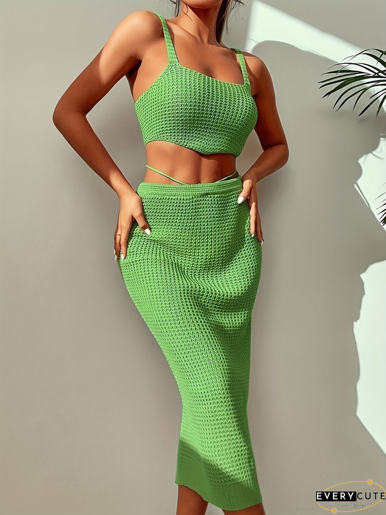 Waffle Print Solid Casual Two-piece Set Cropped Sleeveless Tank Top Drawstring Bodycon