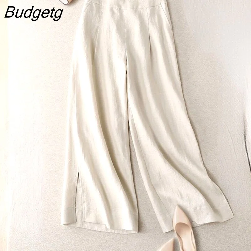 Budgetg and Summer Pants for Women Cotton Linen Casual Solid Wide Cropped Pants Office Wear Fashion Ankle-Length Pants Women