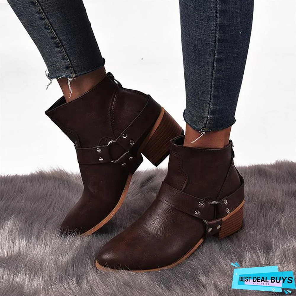 Women Boots Vintage Leather High Heels Shoes Bota Woman Autumn Short Boot Winter Buckle Daily Ankle Boots