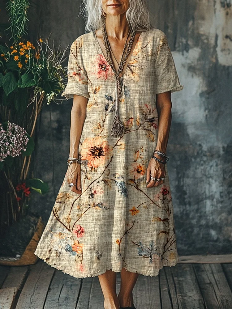 Women's Flowers Art Print Pocket Cotton Dress