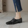 Square Head Low Heel Shoes Female Deep Mouth Single Shoes Thick With Small Leather Shoes Lace Up Black Sheepskin Women Shoes