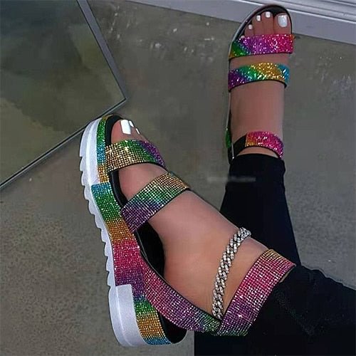 Back to college 2022 Women's Bling Glitter Sandals Female Ankle Buckle Flat Platform Ladies Non Slip Outdoor Shoes Woman Beach Footwear Big Size