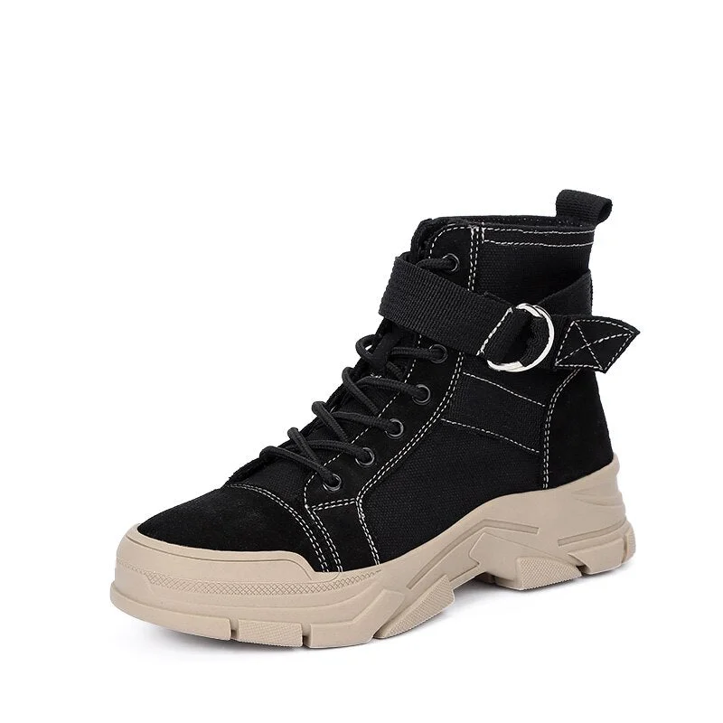 Autumn Spring Combat Boots Women Canvas Ankle Boots Hiker Chunky Army Boots Lace Up Thick Sole Military Platform Boots Ladies