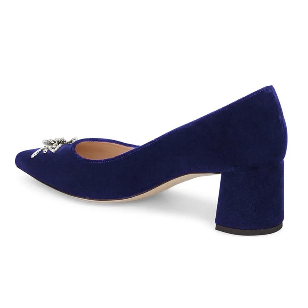 Blue Velvet Pointed Toe Rhinestone Embellished Pumps with Chunky Heel