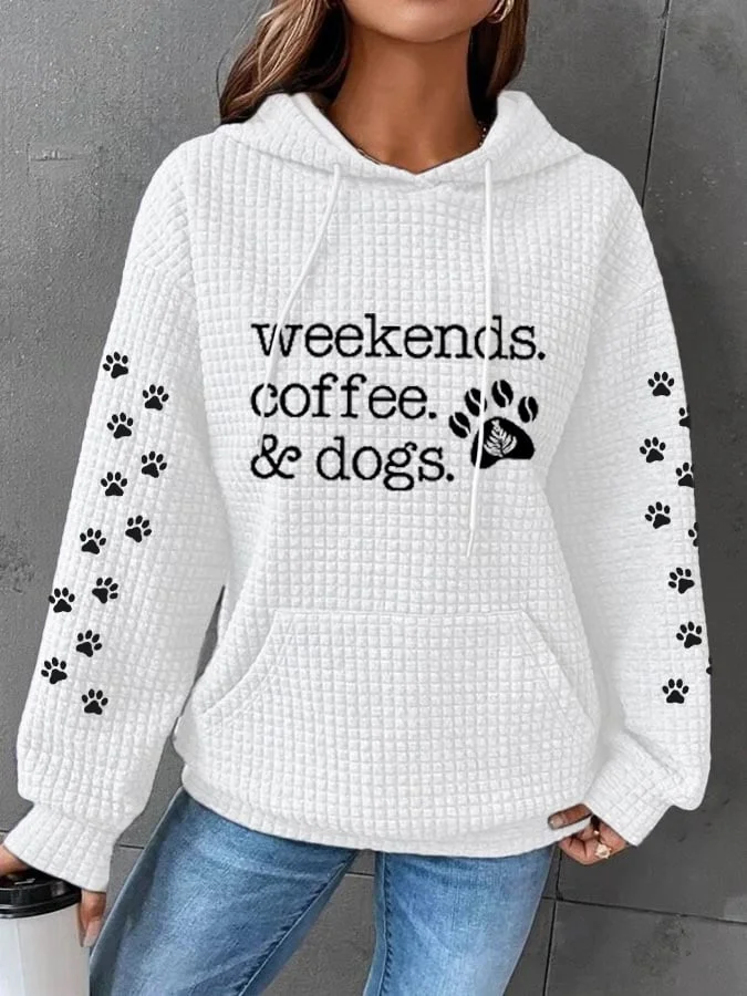 Women's Weekends Coffee and Dogs Dog Lover Printed Waffle Hooded Sweatshirt socialshop
