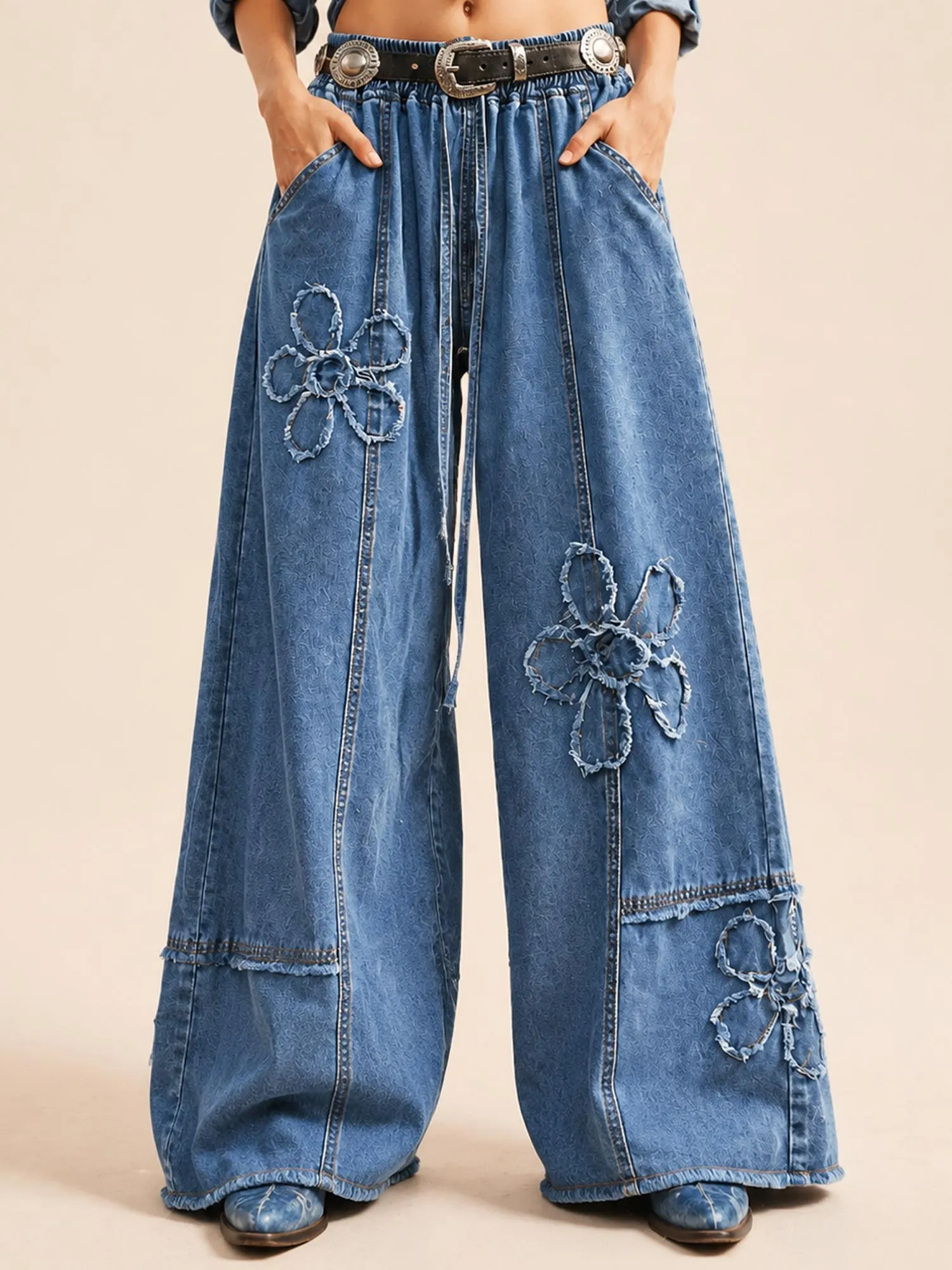 Perfect for Country Concerts &mdash; Blue Fringed Floral Applique Drawstring Denim Wide Leg Jeans for Women（Belt not included）