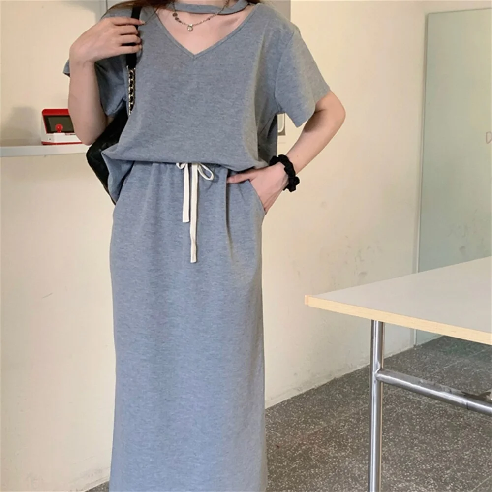 Jangj Alien Kitty Korean Casual Women Two Pieces Sets Split Long Skirts Fashion Loose Sweatshirts Summer Chic Office Lady All Match